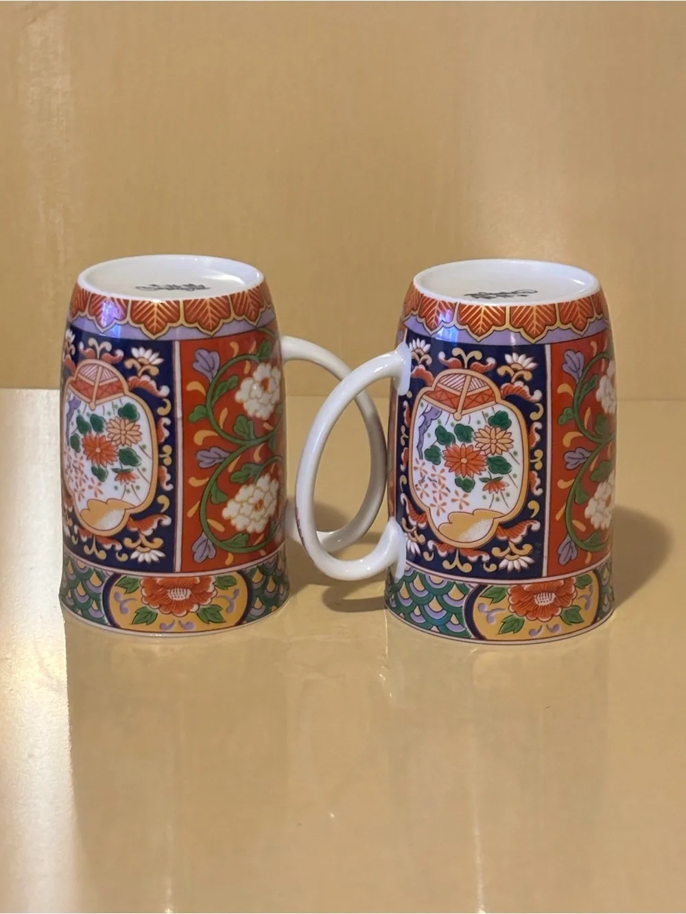 Set of 2 Multicolored Japanese Floral Ceramic Coffee Mugs